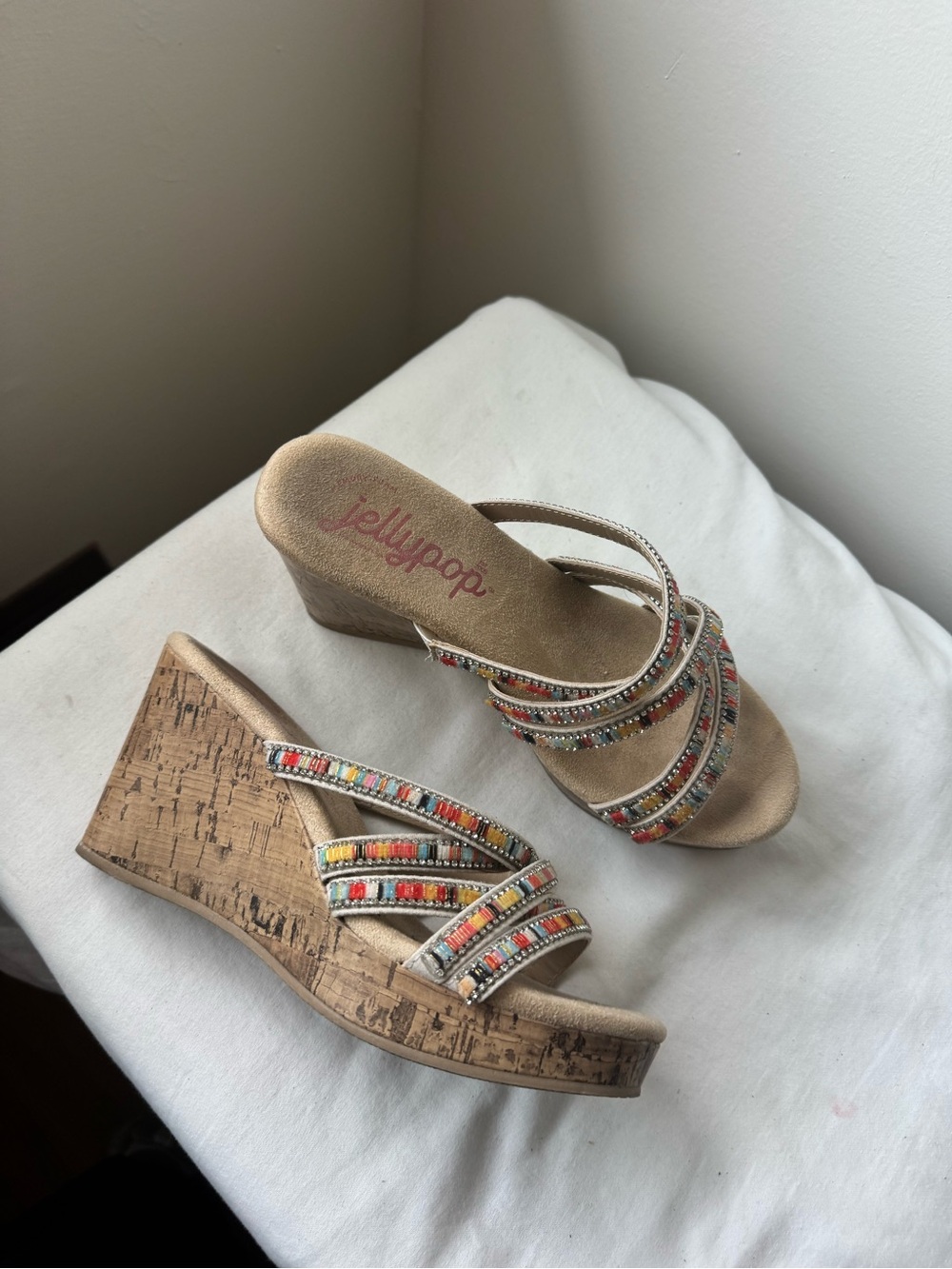 Jellypop Beige Wedge Sandals with Multicolor Beaded Straps Size 7M